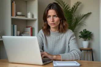 Femme frustrée devant son ordinateur portable tentant de se connecter pour la première fois sur Celoxam