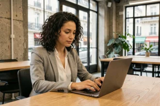 Femme travaillant dans un espace de coworking moderne à Paris 13 avec ordinateur portable