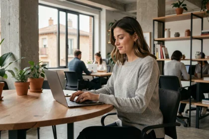Femme travaillant sur un ordinateur portable dans un espace de coworking moderne à Venelles, ambiance professionnelle et chaleureuse
