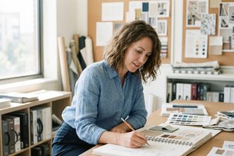 Femme en classe dessinant dans un carnet de design