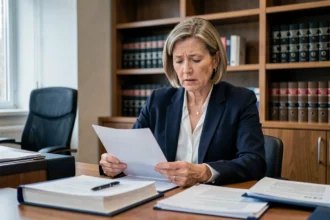 Femme cadre consultant des documents juridiques dans un cabinet d'avocat lors d'un appel prud'homal