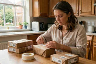 Femme travaillant à domicile en emballant des colis sur sa table de cuisine, illustration d'un emploi d'emballage à domicile