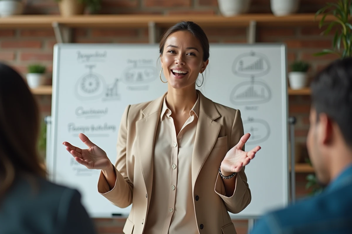 Femme entrepreneure expliquant un diagramme devant un tableau blanc