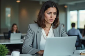 Femme professionnelle frustrée face à un message d'erreur de connexion sur un ordinateur portable en open space
