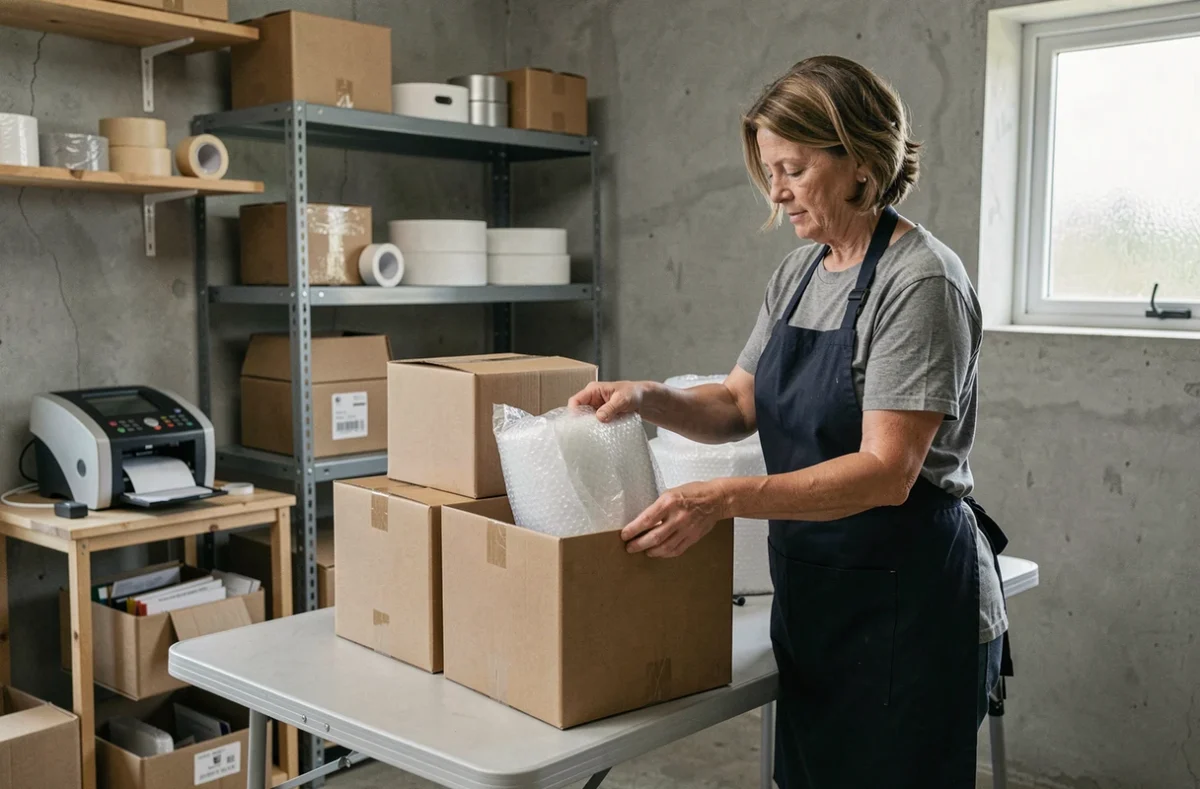Femme emballant des produits dans un garage aménagé en espace de travail à domicile, représentant un emploi sérieux d'emballage