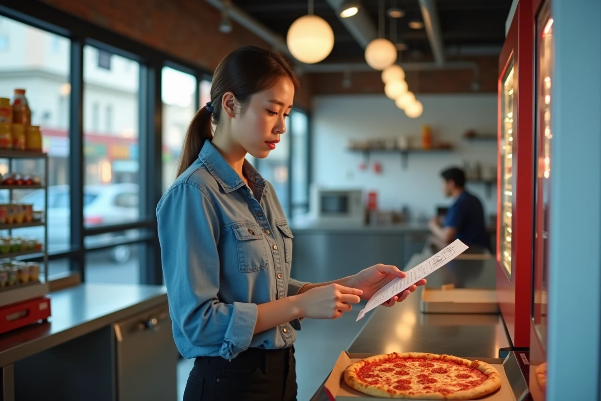 Jeune femme regardant la machine à pizza dans son snack
