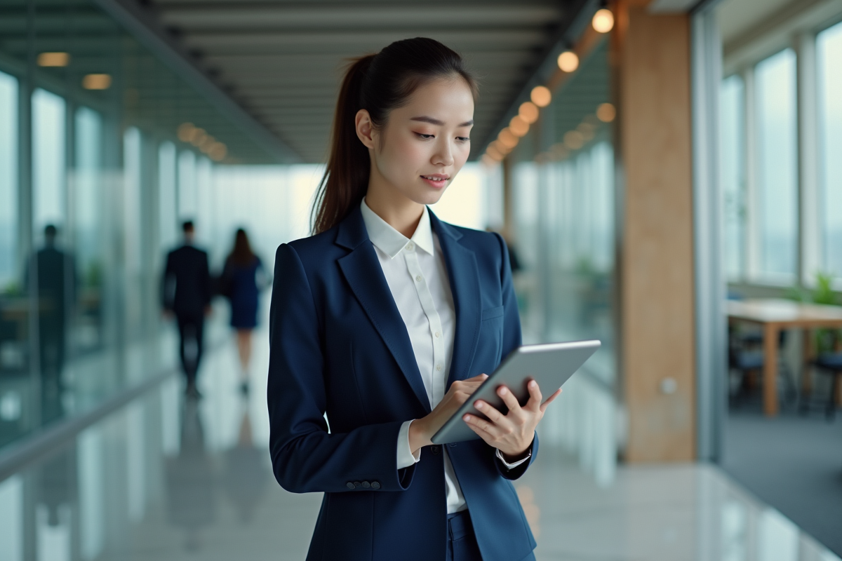 Jeune femme professionnelle consulte un rapport sur tablette dans un couloir moderne