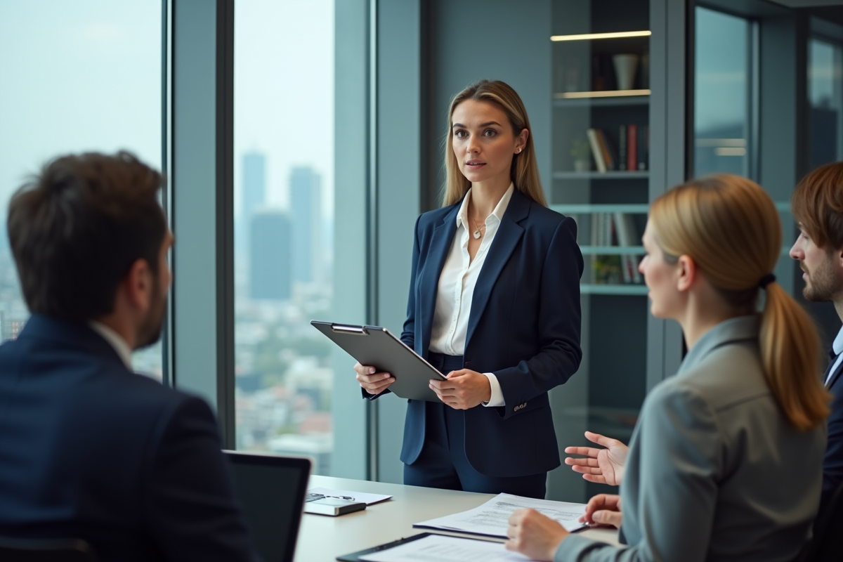 Femme en réunion d'affaires avec équipe dans une salle moderne