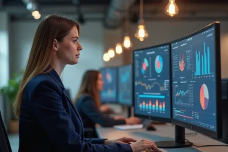 Professionnelle en marketing digital analysant un tunnel de conversion sur un tableau de bord d'automatisation marketing dans un bureau moderne
