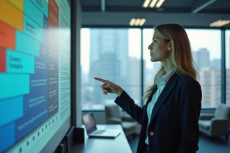 Jeune femme pointant une matrice McKinsey dans un bureau moderne