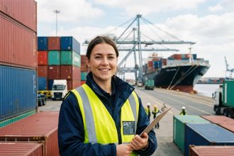 Jeune femme souriante sur un quai portuaire animé