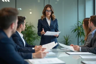 Femme en costume navy distribuant des notes en réunion