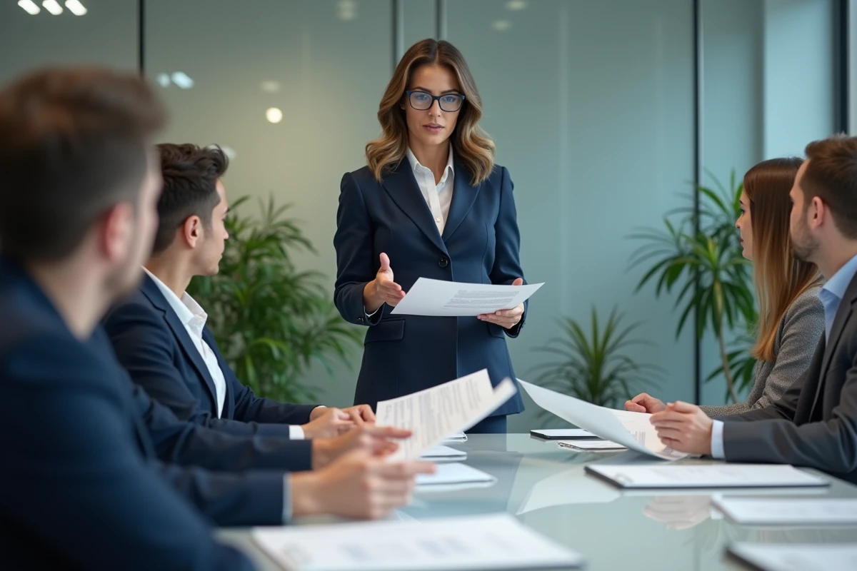 Femme en costume navy distribuant des notes en réunion
