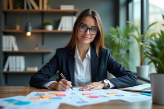 Femme professionnelle en blazer organisant des notes colorées