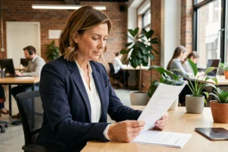 Femme professionnelle en portage salarial signant un contrat dans un espace de coworking moderne