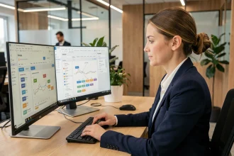 Femme professionnelle consultant une base de données d'entreprises sur un ordinateur pour la prospection B2B avec Pappers
