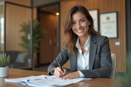 Femme d'affaires signant des documents dans un bureau moderne