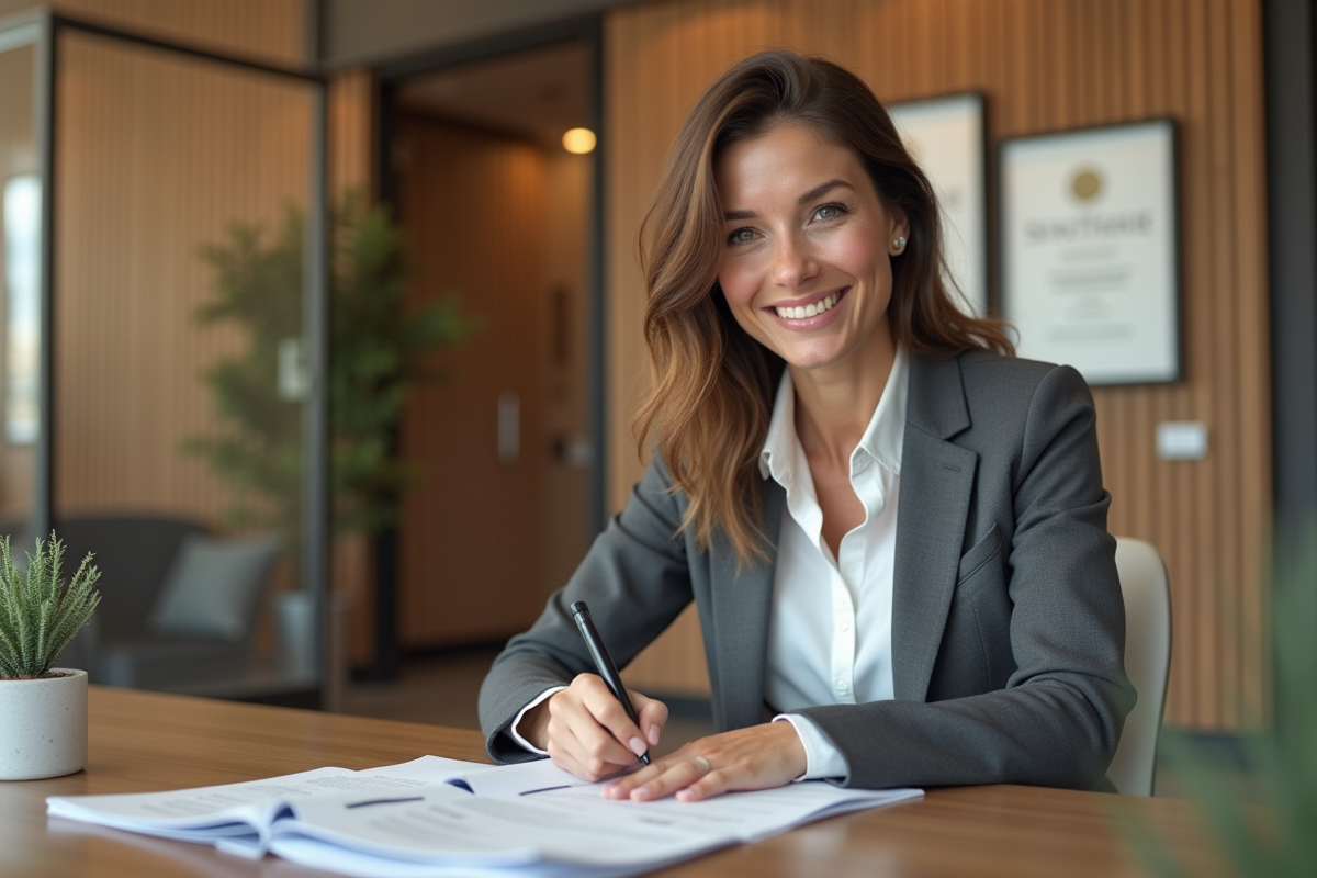 Femme d'affaires signant des documents dans un bureau moderne