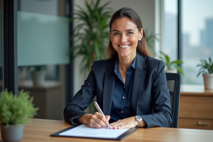 Femme professionnelle signant un certificat dans un bureau moderne