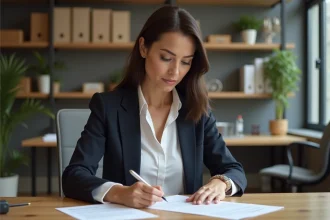 Femme d affaires signe une lettre de demission dans un bureau
