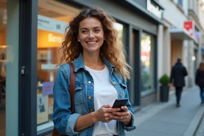 Femme souriante avec smartphone devant relais &agrave; Lille