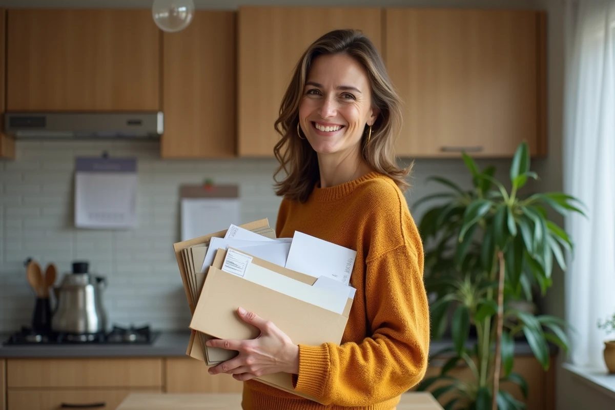 Femme souriante tenant du courrier dans une cuisine chaleureuse