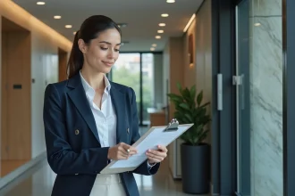 Femme en costume bleu vérifiant une checklist de sécurité