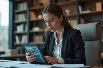 Femme en blazer &eacute;tudiant une tablette avec art et code