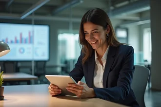 Femme en bureau analysant des graphiques de transformation digitale