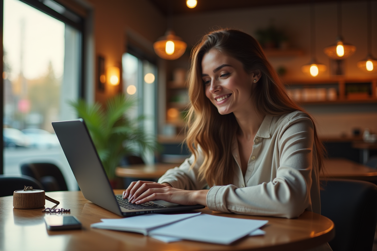 Jeune femme travaillant sur son ordinateur dans un café chaleureux