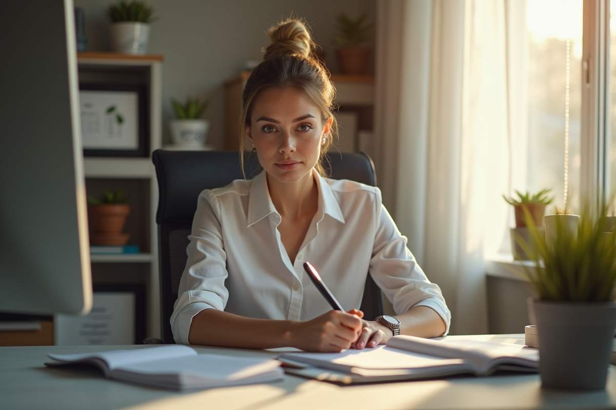 Femme motivée travaillant à son bureau le matin