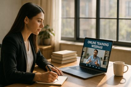 Femme professionnelle lors d'un webinaire en ligne dans un bureau lumineux