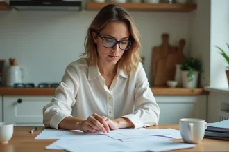 Femme trier des papiers dans une cuisine lumineuse