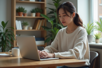 Femme en visioconference dans un appartement lumineux