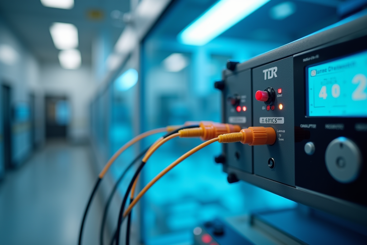 Câbles à fibre optique connectés à un TDR dans un laboratoire moderne