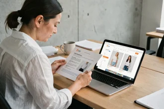 Femme consultante examinant une fiche produit imprimée à côté d'un écran e-commerce dans un bureau moderne, illustrant les bonnes pratiques du visuel non contractuel