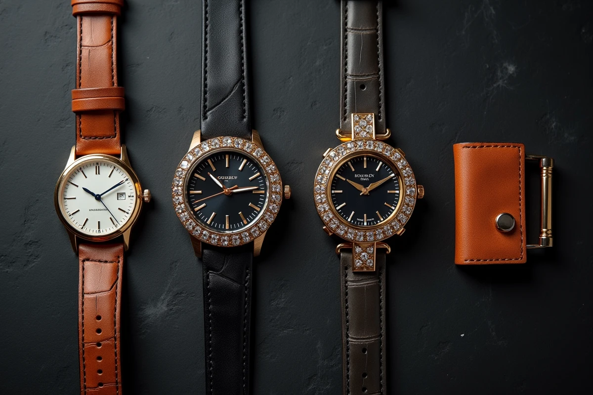Flat lay d'accessoires de luxe variés incluant montre, bracelet joaillier, stylo plume et maroquinerie, illustrant la diversité des maisons du groupe Richemont