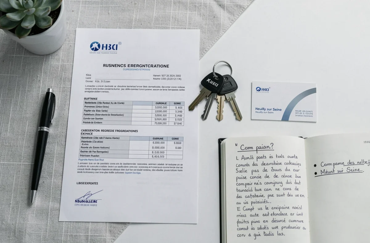 Flat-lay de documents administratifs pour la domiciliation d'une entreprise à Neuilly-sur-Seine avec extrait Kbis et cartes de visite