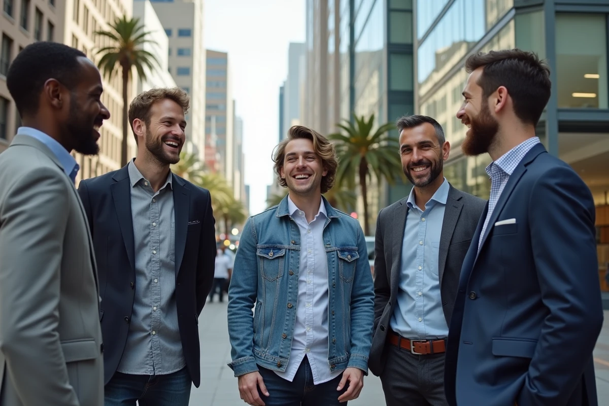 Groupe de fondateurs de startups devant un bâtiment moderne du quartier SoMa à San Francisco après un programme d'accélération