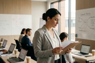 Formatrice consultant une feuille d'émargement dans une salle de formation présentielle avec des participants en arrière-plan