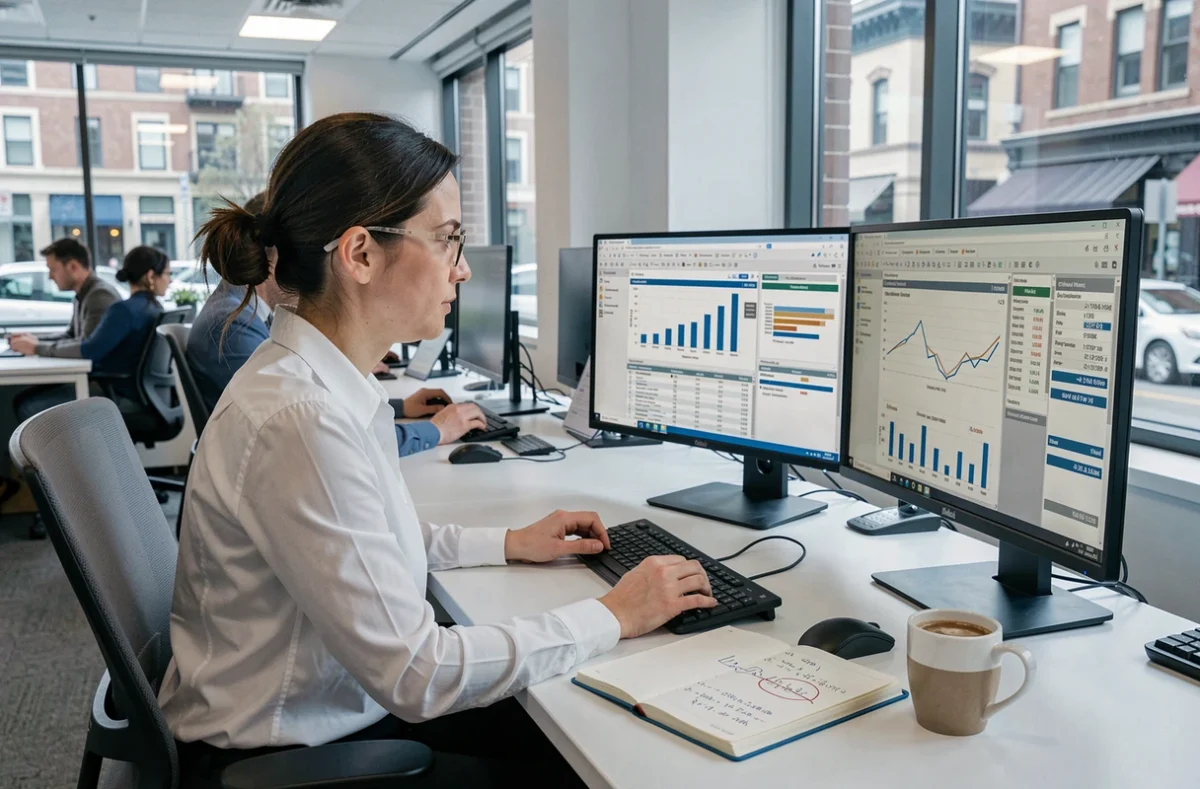 Comptable femme examinant des tableaux de calcul des frais de cession d'entreprise sur ordinateur