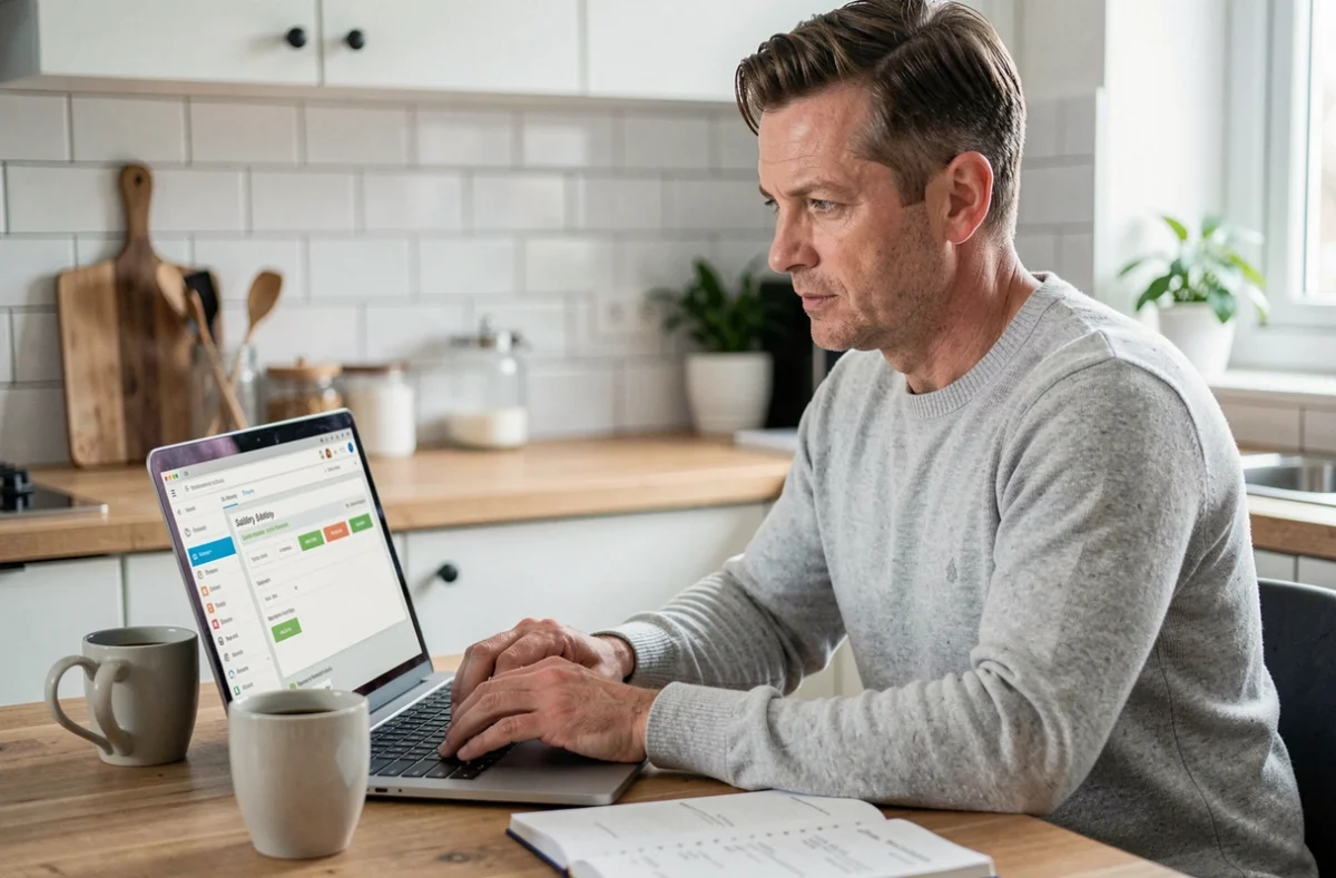 Freelance en portage salarial simulant son salaire net sur un ordinateur portable dans sa cuisine