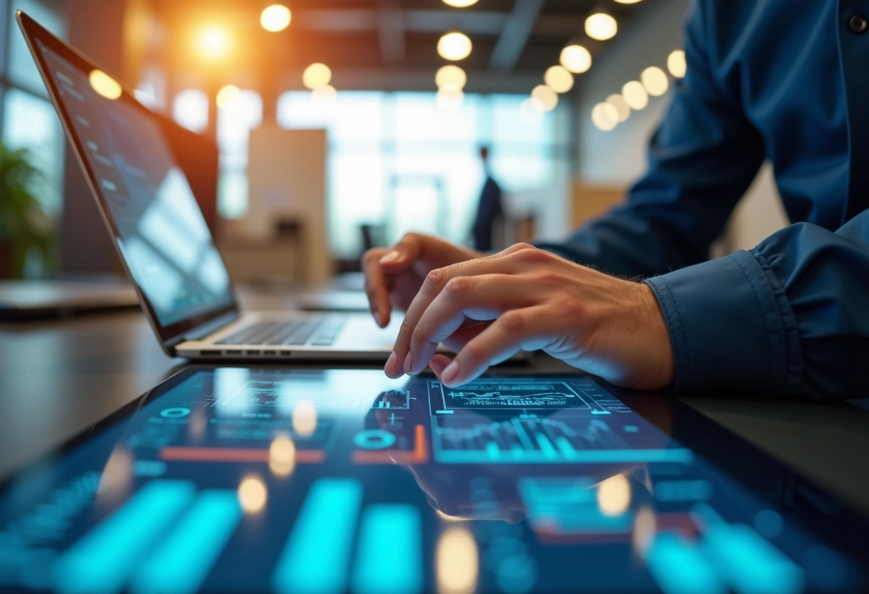 Gestionnaire logistique analysant des données sur un écran tactile en bureau