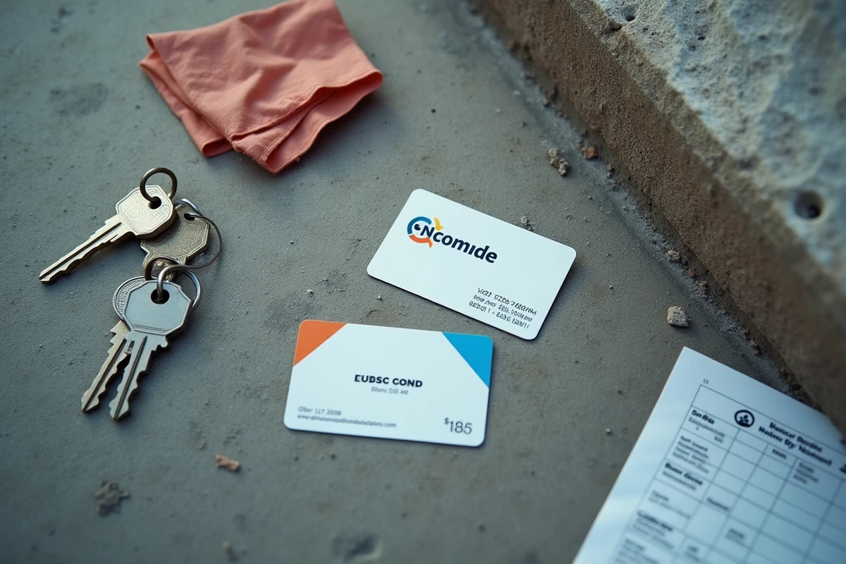Gros plan comparatif d'une carte de visite et d'une carte compte client Loxam posées sur un sol de chantier