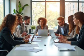 Groupe de professionnels en réunion dans un bureau lumineux