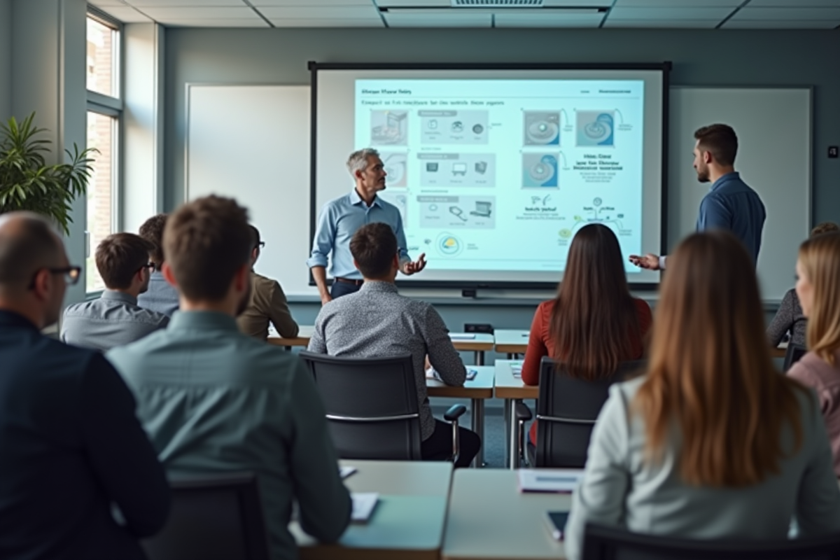 Groupe d adultes écoutant un formateur en réseautique en classe lumineuse