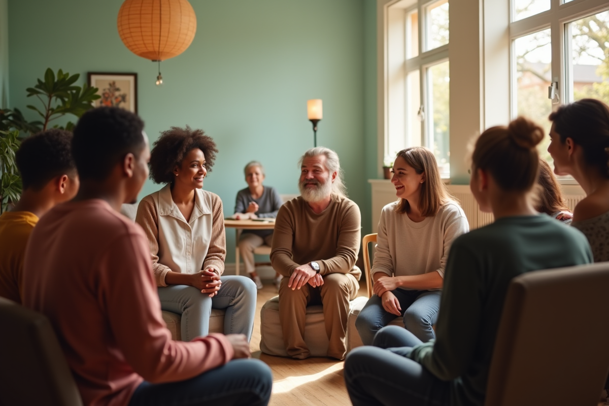 Groupe de personnes discutant dans un centre communautaire lumineux