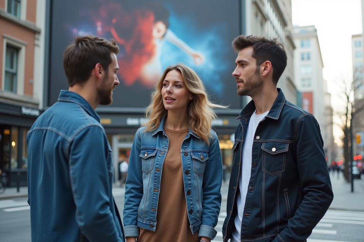 Groupe de trois personnes discutant devant un panneau publicitaire en ville