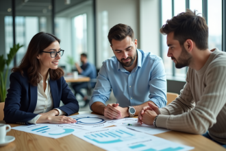 Trois professionnels en réunion autour de stratégies marketing