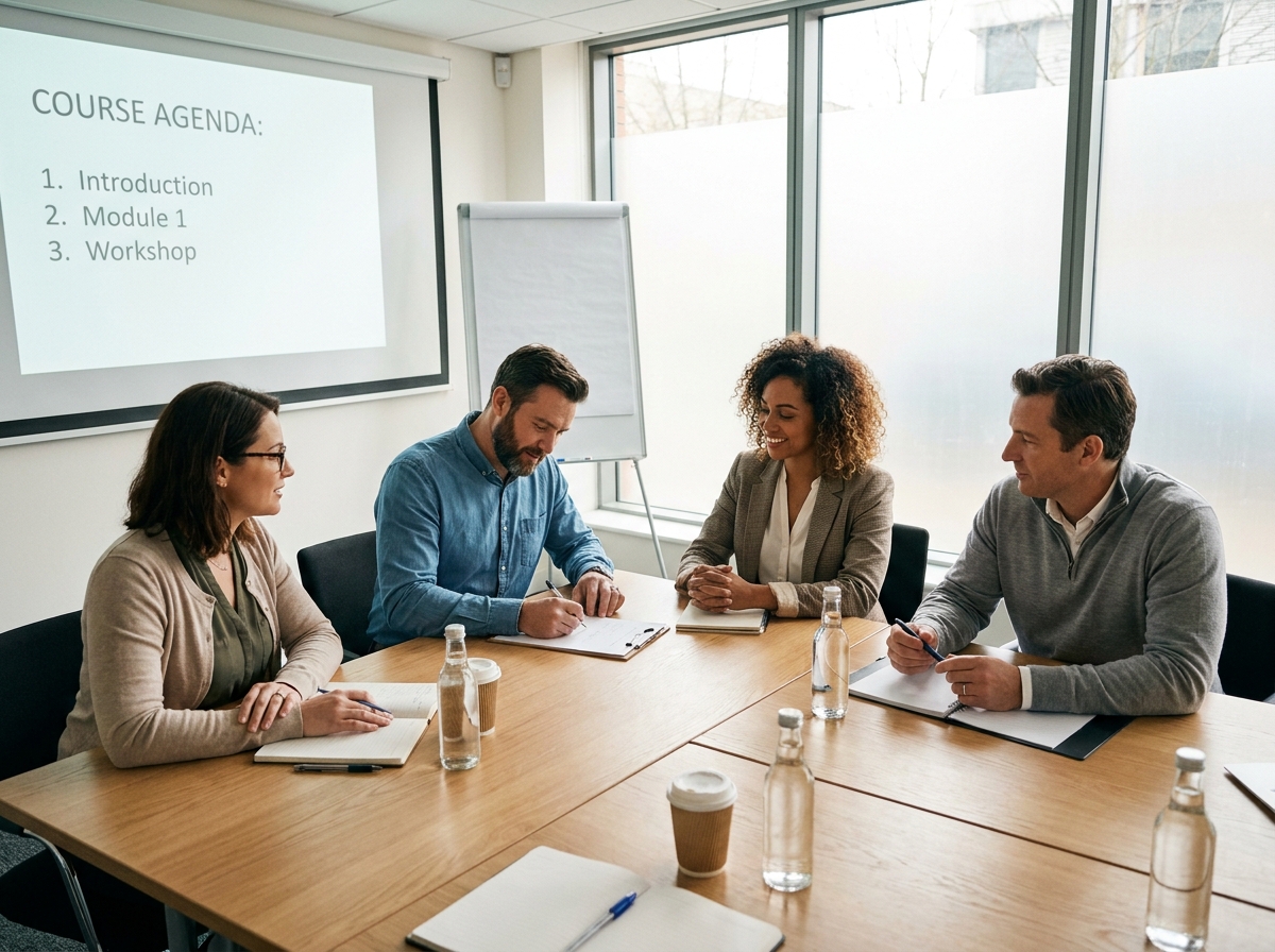 Groupe de participants en formation présentielle signant une feuille d'émargement autour d'une table en salle de cours
